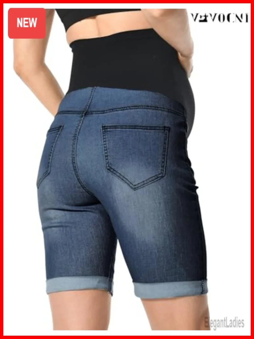 Maternity Denim Bermuda Shorts High Rise Rolled Cuff
